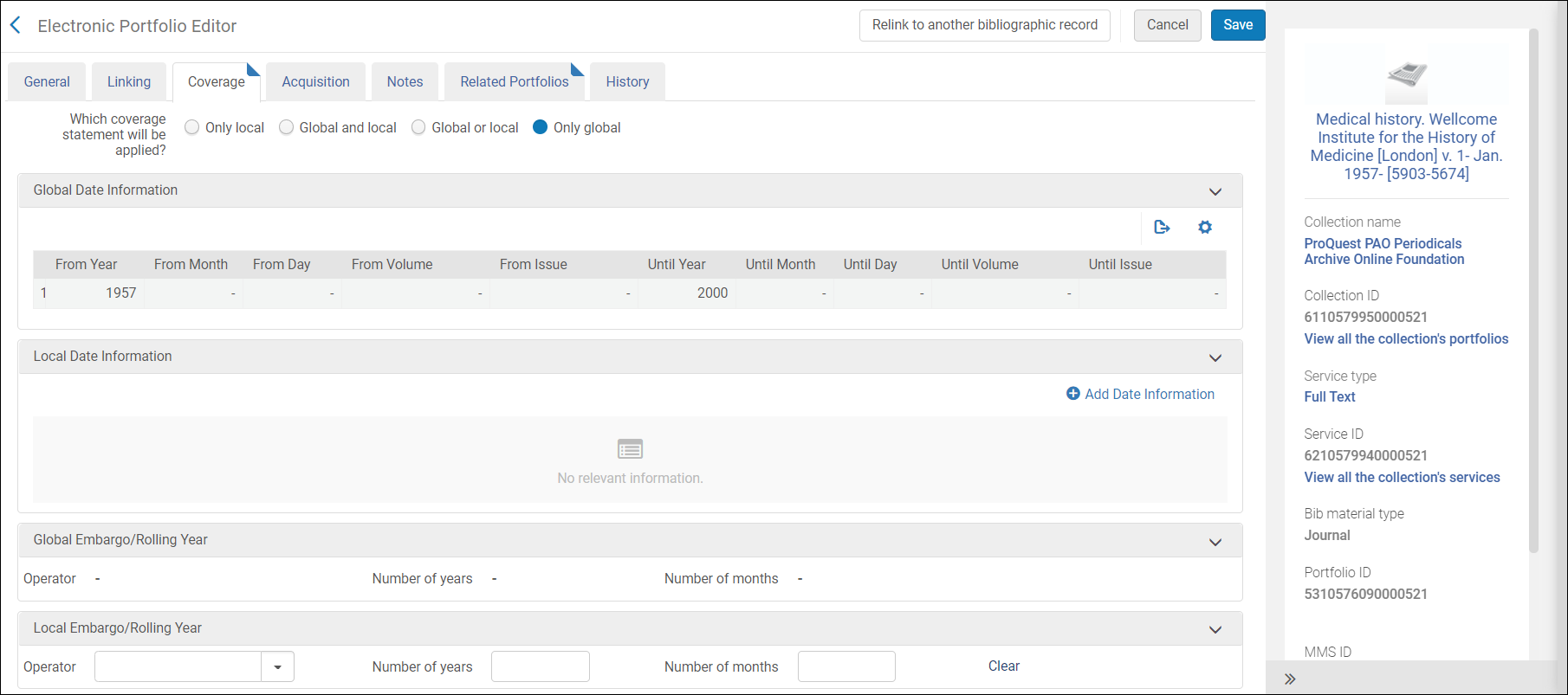 Electronic Portfolio Editor – Portfolio Coverage Information Tab